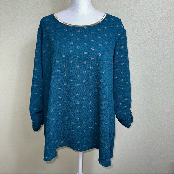Susan Graver Green‎ and Gold Stretchy Textured 1X Blouse 3/4 Sleeves Polka Dots - Picture 1 of 7